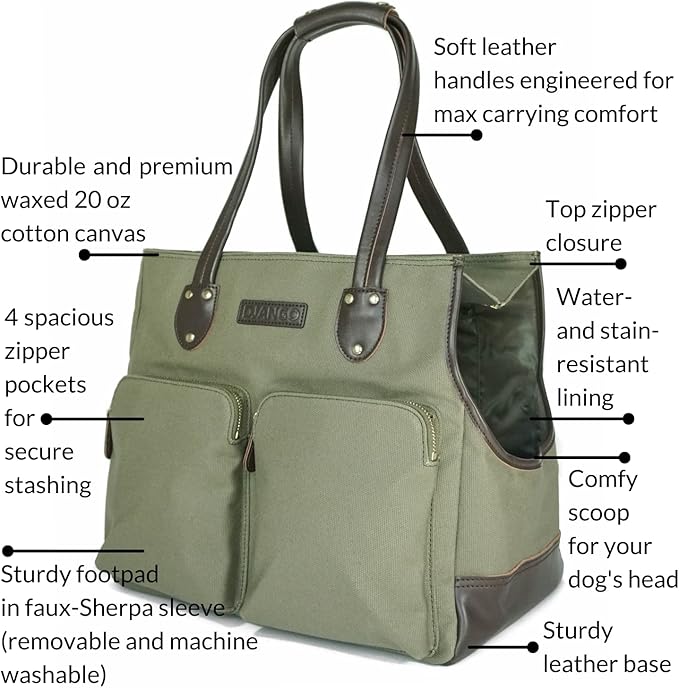 DJANGO Dog Carrier Bag - Waxed Canvas and Leather Soft-Sided Pet Travel Tote with Bag-to-Harness Safety Tether & Secure Zipper Pockets (Medium, Olive Green)