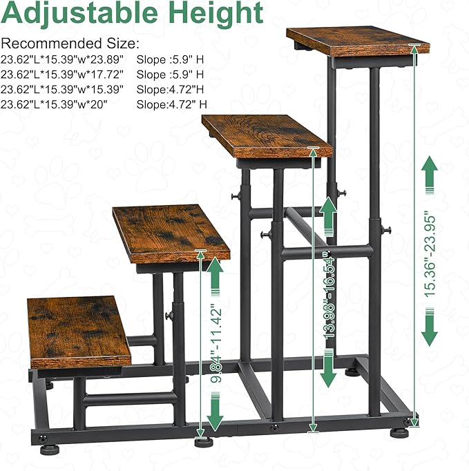 4 -Tier Adjustable Pet Dog Stairs for High Bed & Couch, Vintage Wood Dog Steps for medium & small dog,Deform 4 Step to 3 Step Dog Stair, Older Dogs,Height-Adjustable and Stable Pet Steps