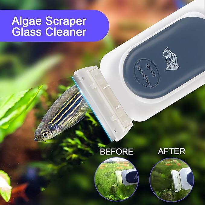 AQQA Aquarium Strong Magnetic Cleaner Brush, Fish Tank Glass Algae Magnet Cleaning Tool Floating Cleaner Scrubber Brush with 2 Detachable Scraper (Blue,S)