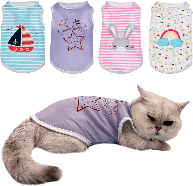 4Pcs Dog Cat Shirts Dog Polka Dot Vest Dog Stripe Sleeveless T-Shirt Pet Soft Vest Breathable Clothes for Small Medium Dog Puppy Kitten Cat S