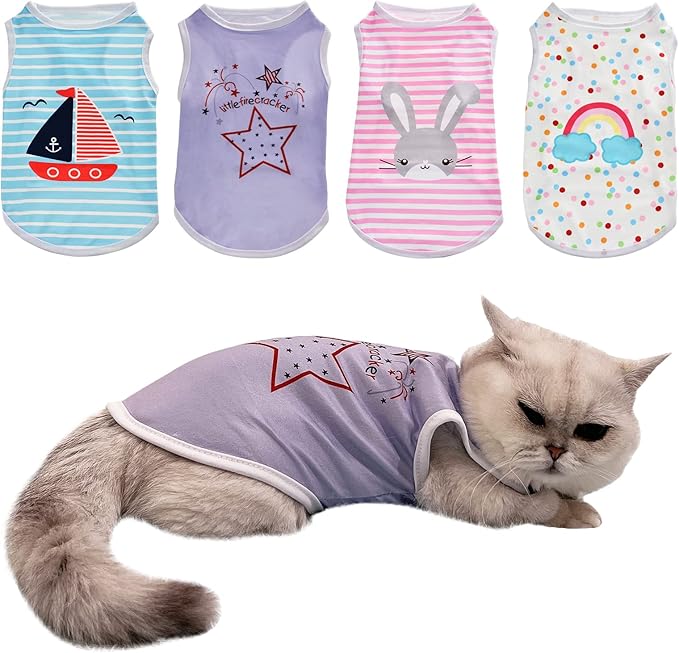 4Pcs Dog Cat Shirts Dog Polka Dot Vest Dog Stripe Sleeveless T-Shirt Pet Soft Vest Breathable Clothes for Small Medium Dog Puppy Kitten Cat S