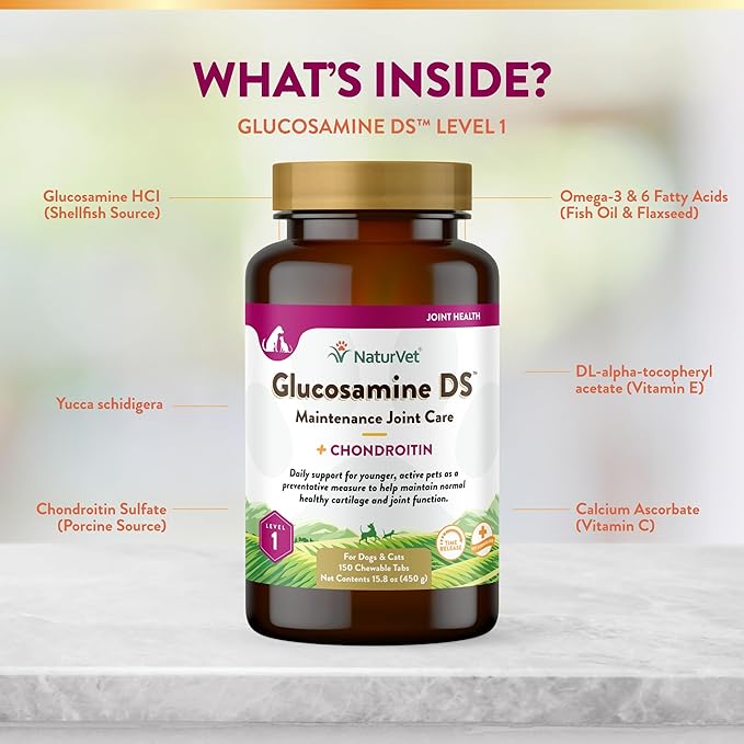 NaturVet Glucosamine DS Level 1 Maintenance Care Hip & Joint Support Pet Supplement for Dogs & Cats –Glucosamine, Chondroitin, Antioxidants –Supports Cartilage, Joint Function – 150 Ct.