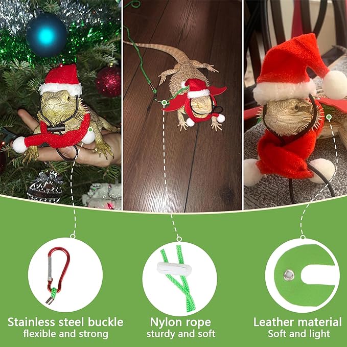 Christmas Bearded Dragon Santa Hat Bearded Dragon Leashes and Harnesses S/M/L 3 Size Lizard Harness Mini Santa Hats Scarf Adjustable Bearded Dragon Leash for Big Bearded Lizard