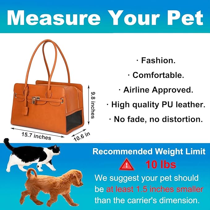 Fashion Dog Purse Carrier for Small Dogs, Holds Up to 10lbs Quality PU Leather Small Pet Carrier Purse, Cat Carrier, Airline Approved Puppy Purse Carrier for Travel (Brown, Small Size)