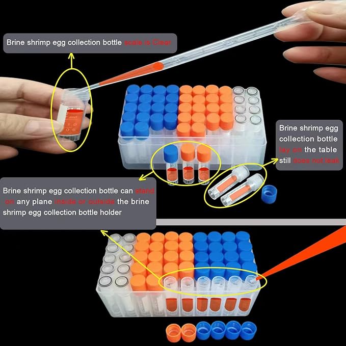 brine Shrimp Egg Dispense Storage Bottle kit for brine Shrimp Hatchery with 50 brine Shrimp Egg Collection Bottles,Bottles Holder,3 Aquarium feeders,2 Automatic Feeding Bottles,Collecting net