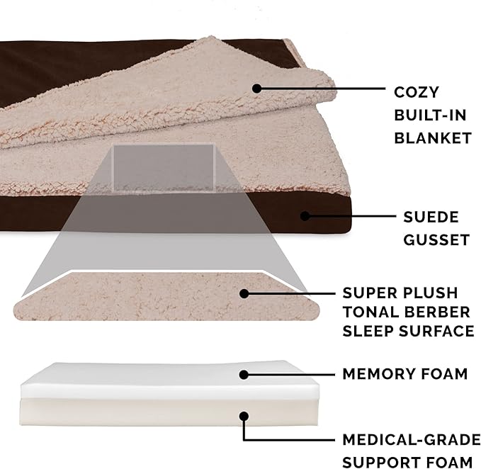 Furhaven Memory Foam Dog Bed for Large Dogs w/ Removable Washable Cover, For Dogs Up to 95 lbs - Berber & Suede Blanket Top Mattress - Espresso, Jumbo/XL