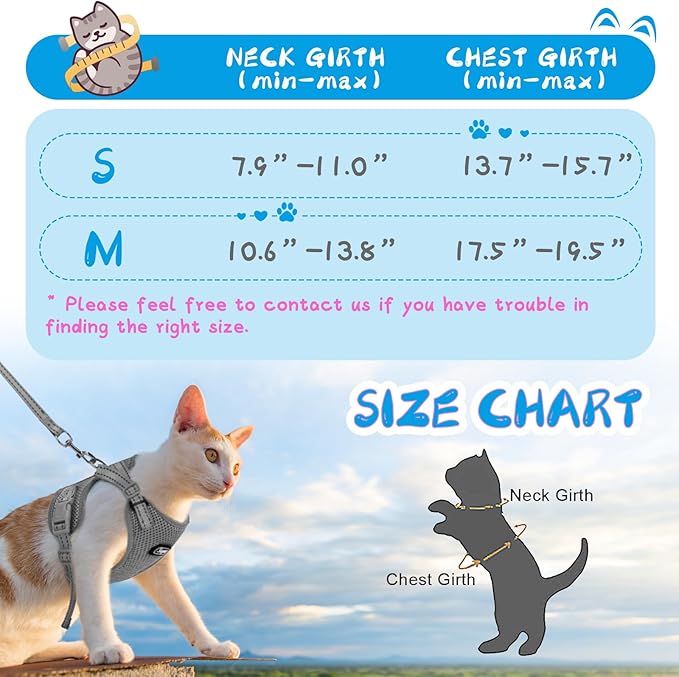 Supet Cat Harness and Leash Set for Small to Large Cats Adjustable Cat Vest Harness with Reflective Trim Universal Cat Leash and Harness for Cats/Puppies Outdoor Walking