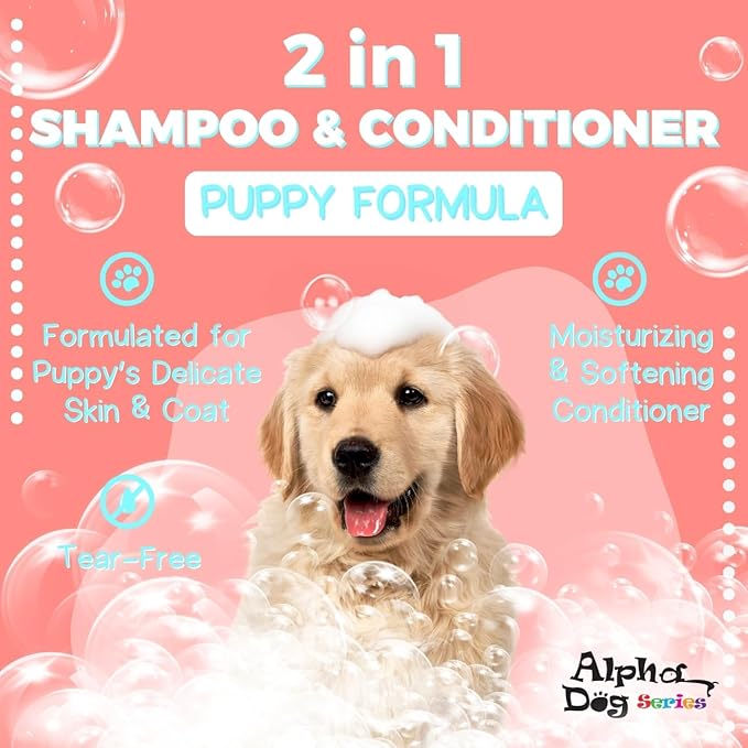 Alpha Dog Series Natural Puppy Shampoo and Conditioner Tear Free with Aloe Vera, pH-Balanced Shampoo for Puppies, Tearless Dog Shampoo and Conditioner, Puppy Wash Sensitive Skin 4L (1 Gallon)