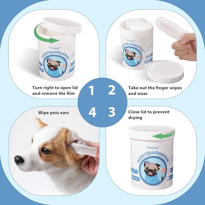 Dog Ear Wipes for Dogs - 1.9in-Wide Large Sized Finger Pads(60 Pads) | Plant-based Cat Dog Ear Cleaner Wipes Cleaning Solution to Remove Dirt and Ear Wax, Relieve Itching & Inflammation