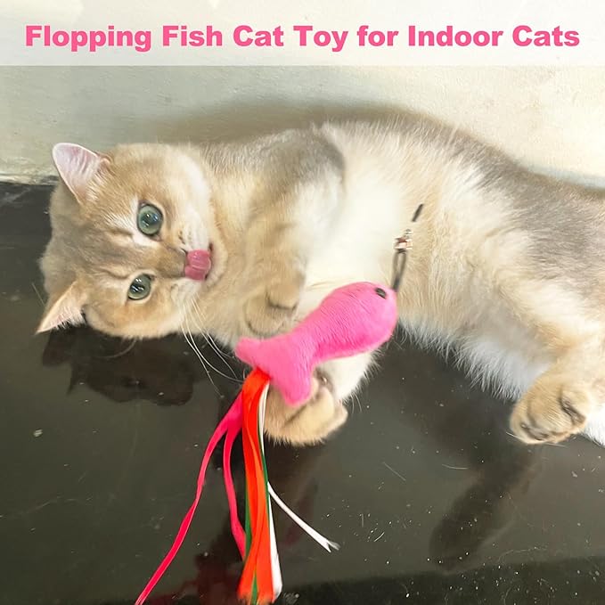 Cat Plush Toy Pink Fish, 5 PCS Catnip Toys for Cats, Soft Catnip Toys Filled Plush, Feather Teaser Accessories for Interactive Cat Wand Toy, Cat Chew Kicker Toys for Indoor Cats Kitten Exercise