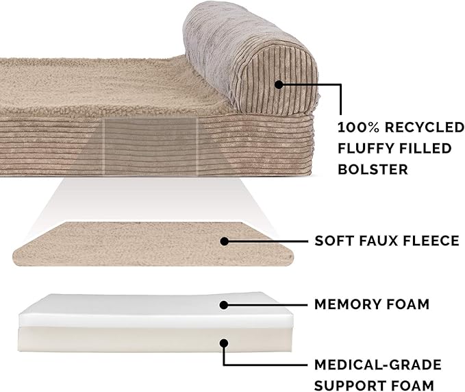 Furhaven Memory Foam Dog Bed for Large Dogs w/ Removable Bolster & Washable Cover, For Dogs UP to 125 lbs - Fleece & Corduroy Bolster Chaise - Sandstone, Jumbo Plus/XXL