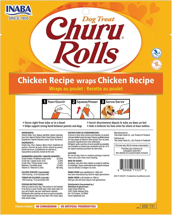 INABA Churu Rolls for Dogs, Grain-Free, Soft/Chewy Baked Chicken Wrapped Churu Filled Dog Treats, 0.42 Ounces Each Stick| 48 Stick Treats Total (8 Sticks per Pack), Chicken Recipe