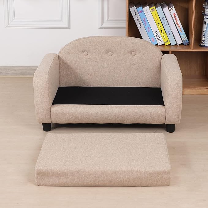 Dog Sofas and Chairs for Small Pet/Cat Sofa Bed with Wooden Frame/Bed for dogs with Linen Fabric/Cat Sofa Chair with Cushion/Dog Couch for Small Dog Rest Using (Beige)