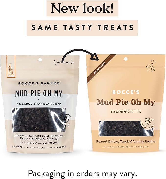 Bocce's Bakery Mud Pie Oh My Training Treats for Dogs, Wheat-Free Dog Treats, Made with Real Ingredients, Baked in The USA, All-Natural & Low Calorie Training Bites, PB, Carob, & Vanilla Recipe, 6 oz