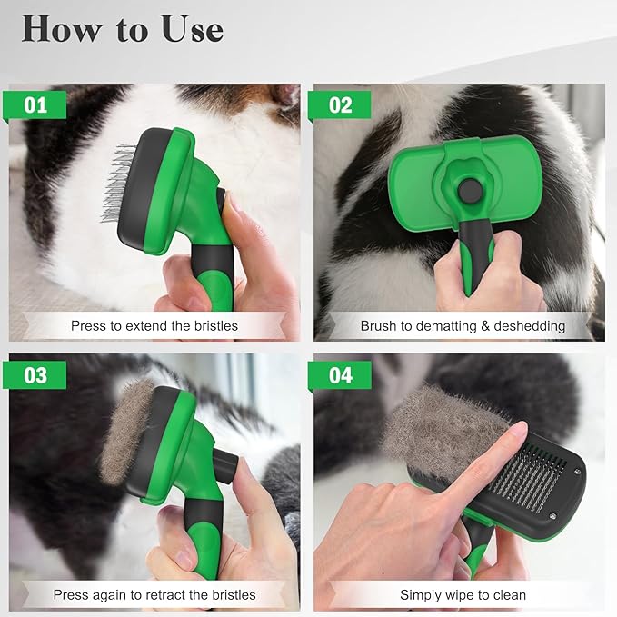 Self Cleaning Slicker Brush for Dogs & Cats, Skin Friendly Grooming Cat Brush, Dog Brush for Shedding, Deshedding Brush, Hair Brush Puppy Brush for Haired Dogs, Pet Supplies Accessories, Green