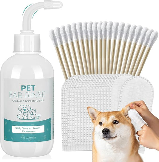 Dog Ear Cleaner Set, 4oz Dog Ear Cleaning Solution & 20pcs Cotton Swabs & 20pcs Finger Covers, Ear Cleaner for Cats