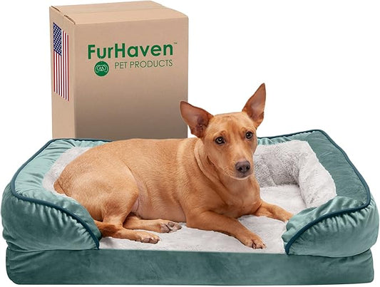 Furhaven Orthopedic Dog Bed for Medium/Small Dogs w/ Removable Bolsters & Washable Cover, For Dogs Up to 35 lbs - Plush & Velvet Waves Perfect Comfort Sofa - Celadon Green, Medium