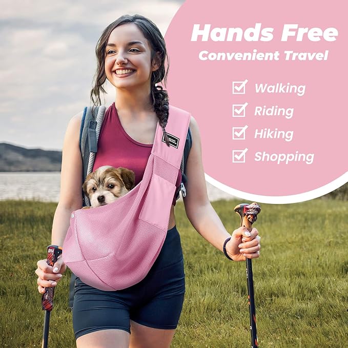 Dog Carrier Sling, Hand-Free Dog Sling Carrier for Small Dogs and Cats，Travel Safety Puppy Bag (Pink)