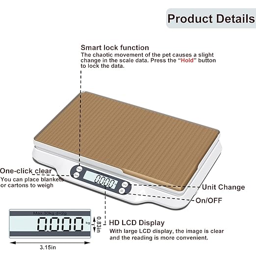 Digital Small Animal Scale, Pet Weight Scale with Cat Scratch Board, Capacity up to 66 lb, Measure Accurately, Tray Length 16in, Multifunction LCD Food Scale for Pet Baby, Kitten, Puppy(White)