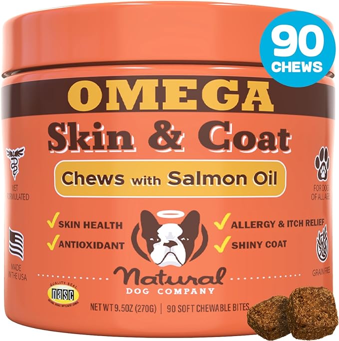 Natural Dog Company Skin & Coat Chews, Salmon & Peas Flavor, Dog Vitamins and Supplements for Healthy Skin & Coat, Itch Relief for Dogs with Allergies, with Biotin, Vitamin E, Omega 3, Antioxidant