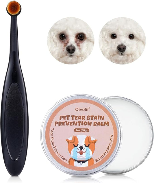 Pet Tear Stain Remover Balm with Pro Powder Brush,Eye Care for Dogs and Cats, Natural Safe Repel Tears,Gently Cleanses Effective & Non-Irritating,1 oz