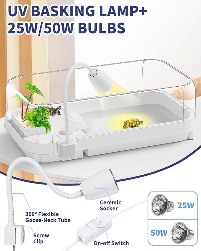 Upgrade Large Turtle Tank Kit(Tank+Light+Filter), Acrylic Turtle Tank Starter Kit with 2pcs Shower Heads, Bask Platform, Bottom Drain, Higher Fences, Multi-Function Area (L-Kit)