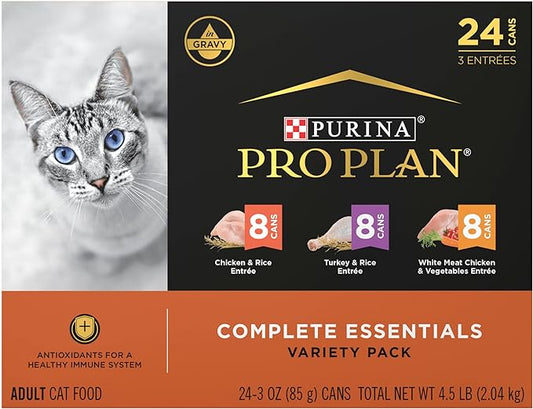 Purina Pro Plan Gravy, High Protein Wet Cat Food Variety Pack, Complete Essentials Chicken and Turkey Favorites - (Pack of 24) 3 oz. Cans