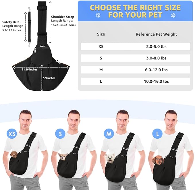 SlowTon Dog Carrier Sling - Thick Padded Adjustable Shoulder Strap Dog Carriers for Small Dogs, Puppy Carrier Purse for Pet Cat with Front Zipper Pocket Safety Belt Machine Washable (Black S)