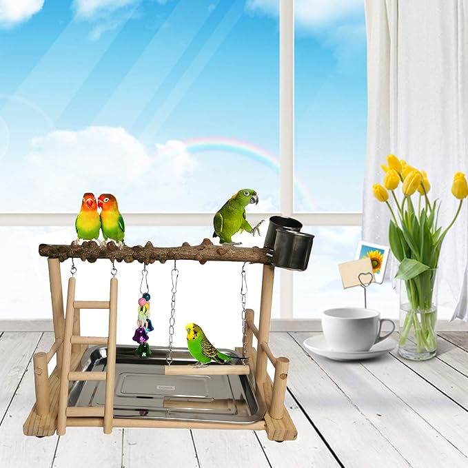 Hamiledyi Parrot Playground Bird Playstand Wood Exercise Play Perch Exercise Gym with Feeder Cups Toys Cockatiel with Ladder Hanging Swing for Pet Conure Lovebirds Life Activity Center Training Stand