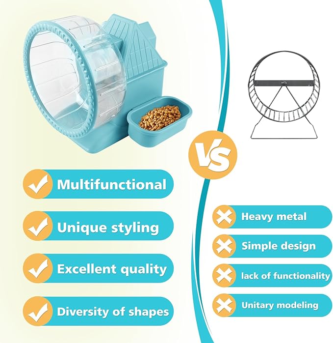 Silent Hamster Wheel Multifunctional Hamster Wheel Quite Running Spinner Wheel Accessories with Food Bowl Water Bottle for Hamsters Dwarf Gerbil (Blue)