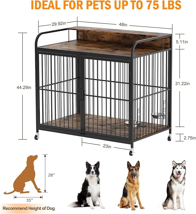 Large Dog Crate Furniture, Wooden Dog Crate End Table with Adjustable Height & 360° Rotating Feeder, Heavy Duty Dog Crate with Movable Wheels, Dog Kennel Indoor(48''L x 29.92''W x 44.29''H)