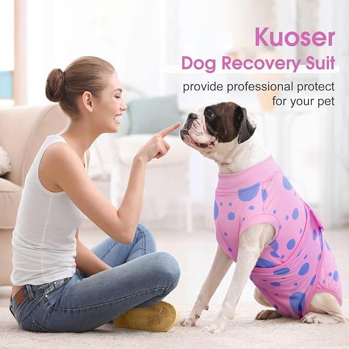 Kuoser Recovery Suit for Dogs, Soft Breathable Dog Recovery Suit Female Male Dog Onesie Alternative to Cone E-Collar, Dog Body Suits After Surgery, Pet Abdominal Anti Licking Shirt, Pink S