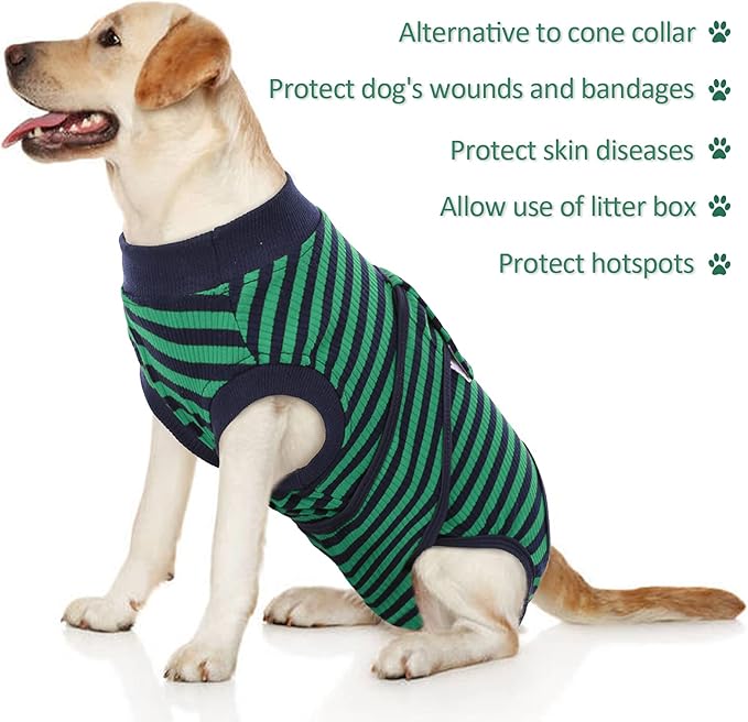 FUAMEY Recovery Suit for Dogs After Surgery,Soft Breathable Dog Bodysuit E-Collar & Cone Alternative Surgical Suit,Male Female Dog Neuter Spay Suits Anti Licking Wounds Onesie Green Black Stripes XS