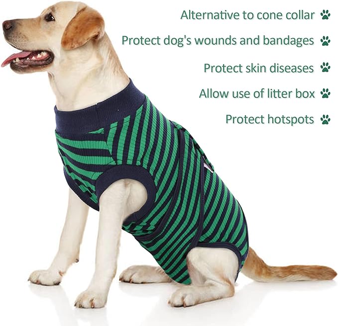 FUAMEY Recovery Suit for Dogs After Surgery,Soft Breathable Dog Bodysuit E-Collar & Cone Alternative Surgical Suit,Male Female Dog Neuter Spay Suits Anti Licking Wounds Onesie Green Black Stripes L