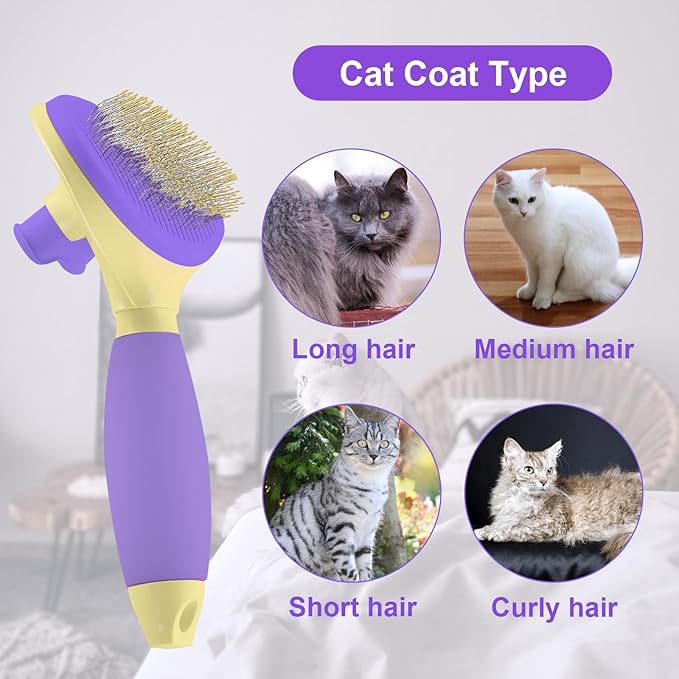 Cat Hair Brush,Cat Gifts for Cat Lovers,Cat Brush for Shedding,Soft Silicone Self Cleaning Brush for Short and Long Haired Cats for Grooming and Shedding (purple)