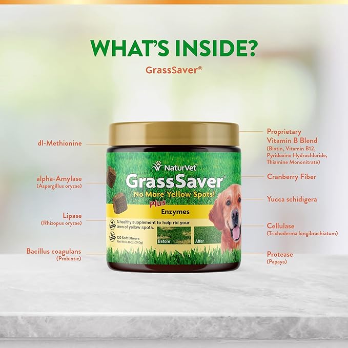 NaturVet – GrassSaver Supplement for Dogs – Healthy Supplement to Help Rid Your Lawn of Yellow Spots – Synergistic Combination of B-Complex Vitamins & Amino Acids – 120 Soft Chews