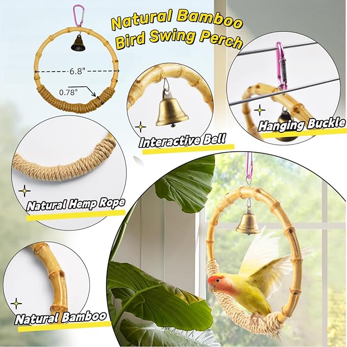 8 PCS Bird Cage Accessories Parrot Perch Bird Swings Parakeet Stand Platforms Bird Feeder Parakeet Toys for Parakeet,Cockatiel,Budgie,Conure,Cockatoo,Canary,Love Birds and Other Small Medium Birds