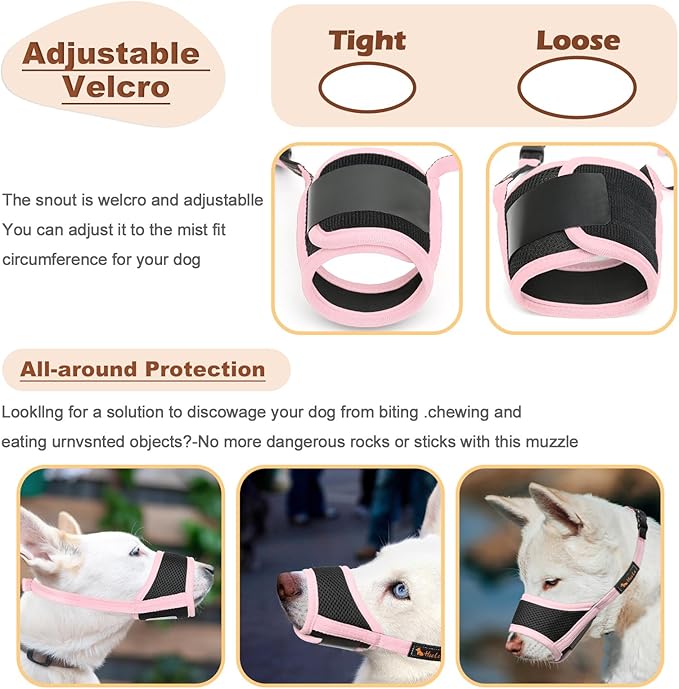 HEELE Dog Muzzle Nylon Soft Muzzle Anti-Biting Barking Secure,Mesh Breathable Pets Muzzle for Small Medium Large Dogs 4 Colors 4 Sizes (S, Pink)