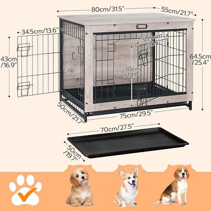 HOOBRO Dog Crate Furniture, 32.5" Medium Dog Kennel Indoor, Wooden Dog Crate with Pull-Out Tray, Double Doors Dog House, Modern Side End Table for Small/Medium Dog, Greige BG802GW03