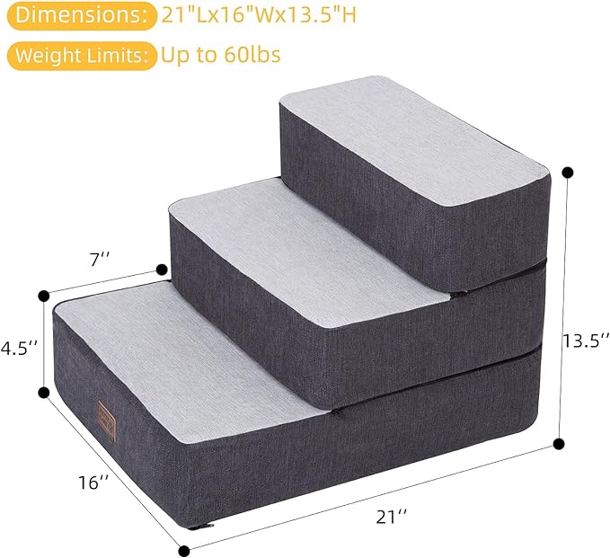 Dog Stairs for Small Dogs, Stitching Foam Pet Steps Extra Wide for High Beds Sofas and Chairs, DIY Pet Stairs Anti-skid Folding Dog Steps for Large Dog and Cats,3 Step, Grey