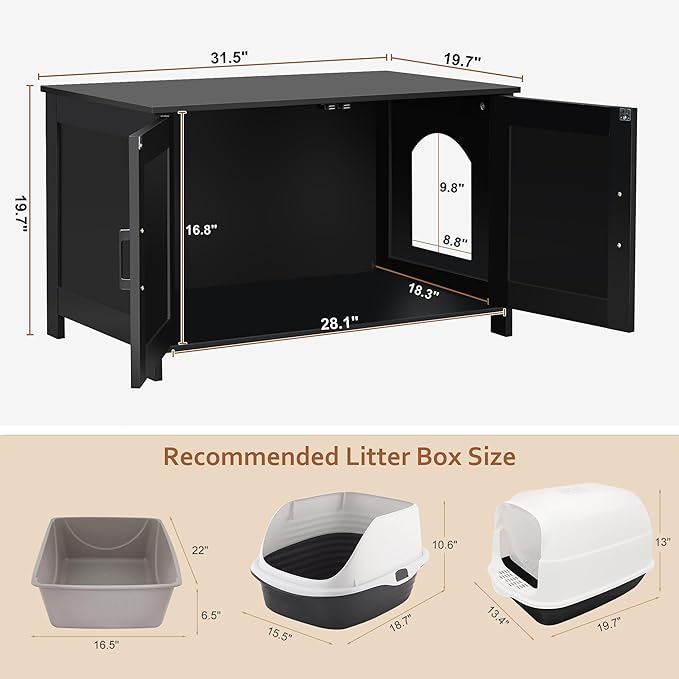 Cat Litter Box Enclosure,Litter Box Furniture Hidden with Barn Door,Wooden Cat Washroom Furniture,Cat House,Fit Most of Litter Box, Black