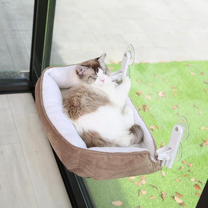 Foldable Cat Hammock for Window with Bolster - Cordless, Three-Side Bolstered Machine Washable Fluffy Bed, Robust Metal Frame - Cat Window Perch for Large Cats and Kittens - Brown/White