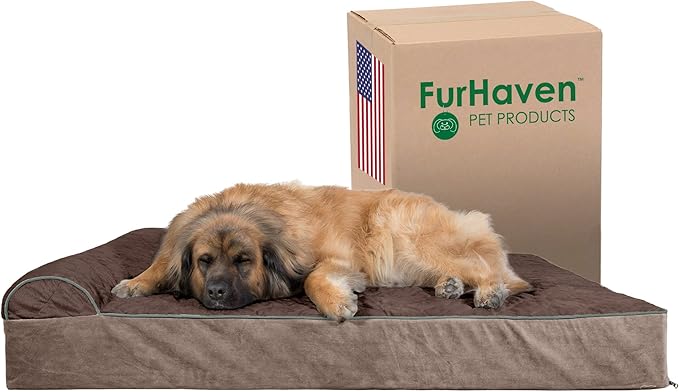 Furhaven Orthopedic Dog Bed for Extra Large Dogs, Goliath Quilted Faux Fur & Velvet Bolster Chaise, Espresso, 4XL