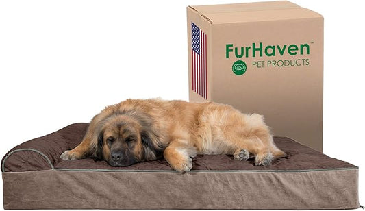 Furhaven Orthopedic Dog Bed for Extra Large Dogs, Goliath Quilted Faux Fur & Velvet Bolster Chaise, Espresso, 4XL