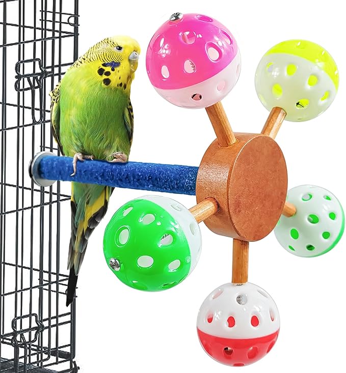 Parrot Toy Rotating Perch Toy with Bell Balls, Bird Perch Rough Educational Bird Toys Foraging Training Toys for Budgerigar Parakeet Mynah Love Birds Finches.