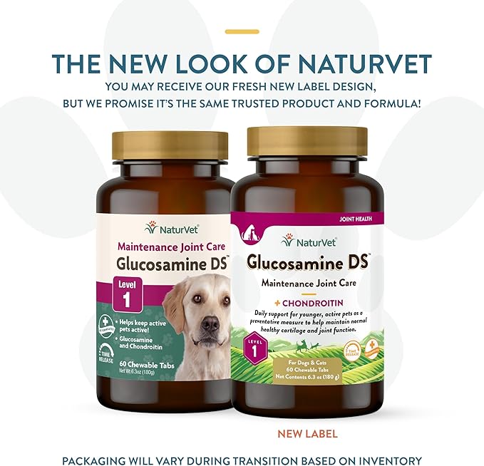 NaturVet Glucosamine DS Level 1 Maintenance Care Hip & Joint Support Pet Supplement for Dogs & Cats –Glucosamine, Chondroitin, Antioxidants –Supports Cartilage, Joint Function – 60 Ct.