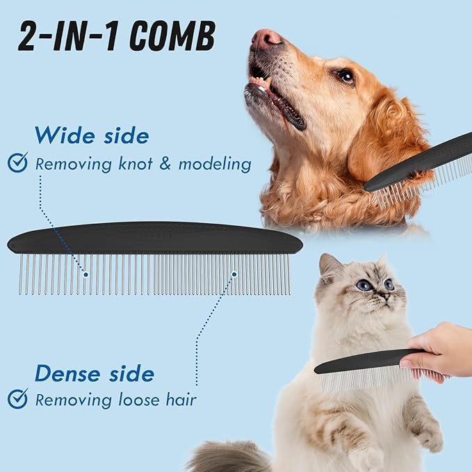 Pet Grooming Brush and Metal Comb Combo, Cat Brush Dog Brush for Shedding, Undercoat Rake for Dogs Grooming, Dematting Deshedding Brush Dogs Shedding Tool for Long matted Haired Pets, Black