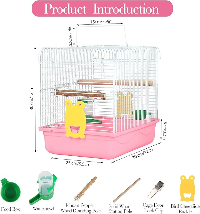 Travel Bird Cages for Cockatiels - Parrot Cage Starter Kit with Stand Accessories Birdcage Great for Parakeets Lovebirds Parrotlets Finches Canaries and More Small Birds(Pink)