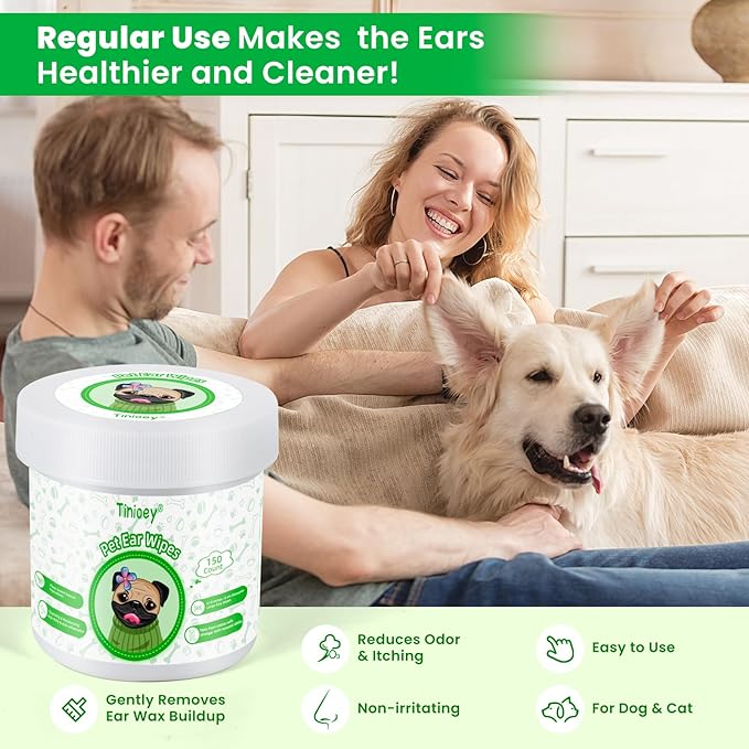 Dog Ear Wipes for Dogs (150 PCS-Extra Large) | Plant-Based Cat Dog Ear Cleaner Wipes Cleaning Solution to Remove Dirt and Ear Wax, Relieve Itching, Shaking Head & Inflammation