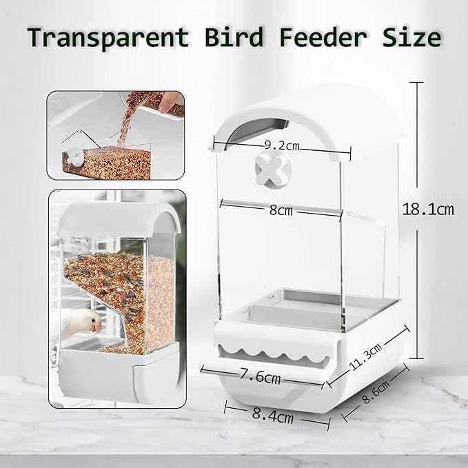 Automatic Bird Feeder for Cage 5Pcs No Mess Parrot Feeder Transparent Acrylic Seed Food Container Cage Accessories with Ball Toy for Small and Medium Parakeets Lovebirds (White)